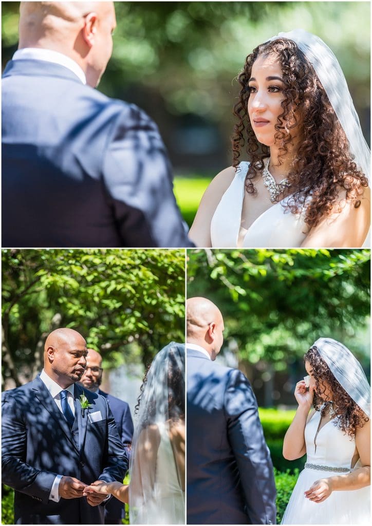 Collage of bride tearing up during intimate vow exchange and groom placing ring on brides finger during outdoor garden courtyard micro Penn Museum wedding