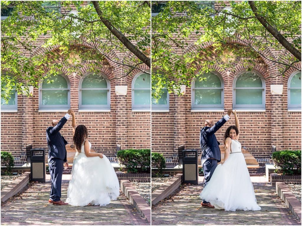 Collage of groom spinning bride in flowing ballgown in Penn Museum brick courtyard