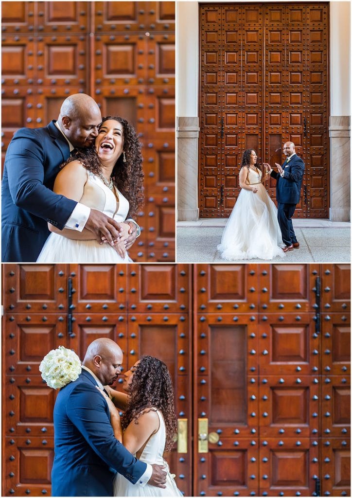 Romantic wedding portrait collage of bride laughing while groom kisses her cheek, bride and groom dancing, and bride and groom leaning in for a kiss in front of large wooden doors at Penn Museum Micro wedding