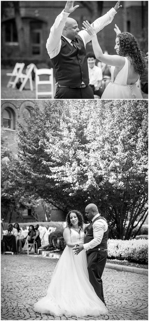 Black and white collage of bride and groom during first dance in outdoor garden courtyard of Penn Museum micro wedding reception