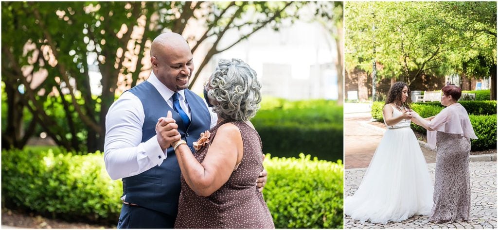 Collage of parent dances with mother of the groom and mother of the bride at intimate outdoor Penn Museum micro wedding reception