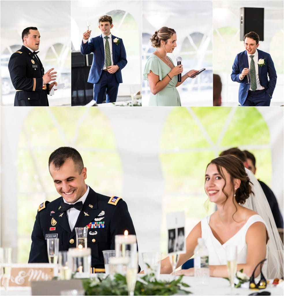 Bride and groom laugh during speeches and toasts from honors and family during wedding reception at Mountain Springs Lake Resort