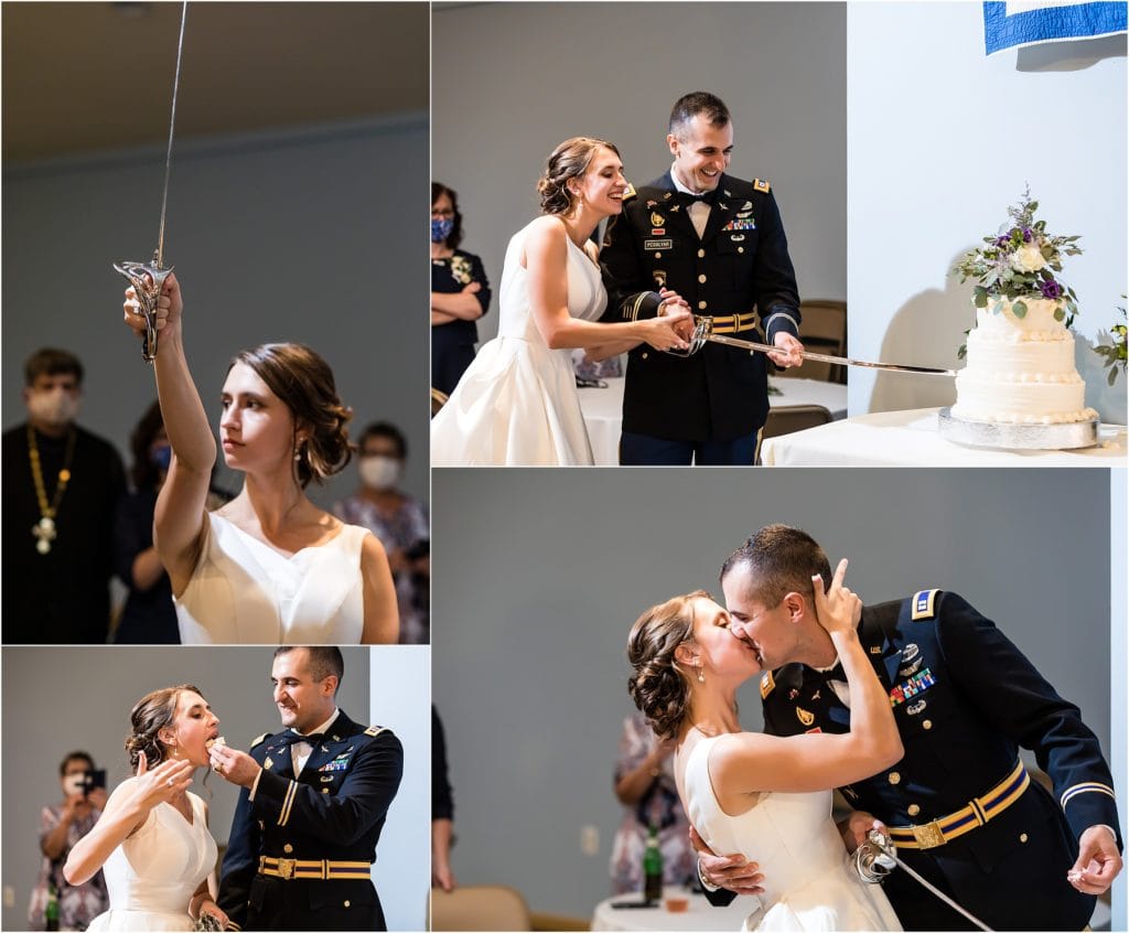 Collage of bride holding military sword, bride and groom cutting wedding cake with military sword, groom feeding bride wedding cake, and bride and groom kissing after cake cutting at Mountain Springs Lake Resort wedding reception