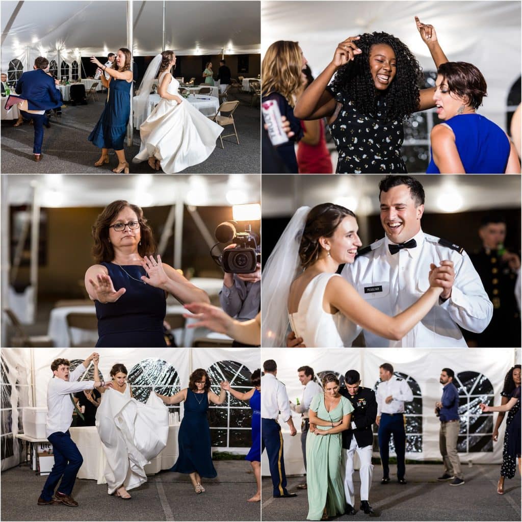 Collage of bride, groom, and guests on dance floor at Mountain Springs Lake Resort wedding reception