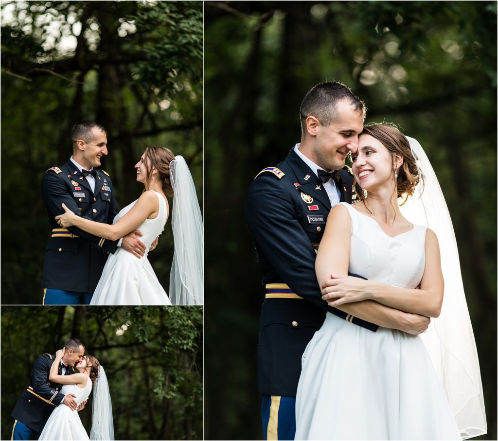 Romantic wedding portrait collage of bride and military groom laughing, kissing, and smiling at each other at Mountain Springs Lake Resort wedding