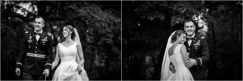 Black and white portrait collage of bride and groom walking through field and tightly hugging