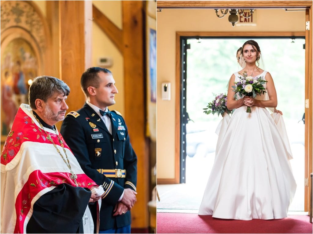 Collage of groom watching bride walk down aisle in Holy Trinity Orthodox Church traditional wedding ceremony