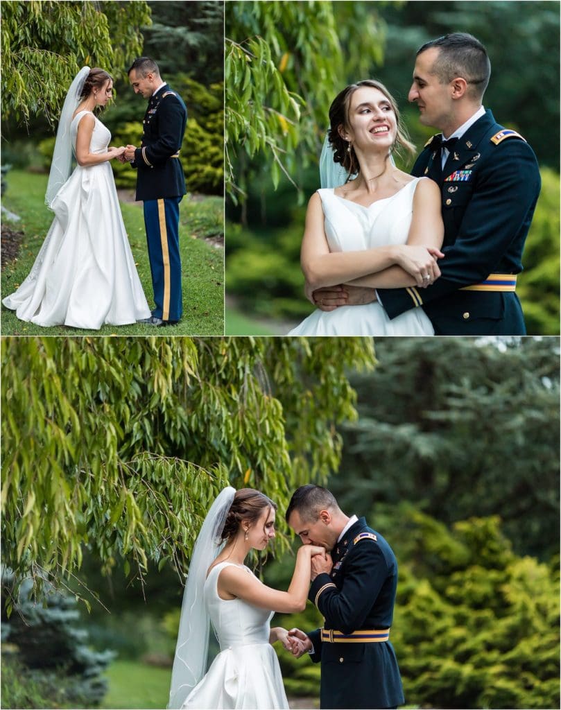 Wedding portrait collage of groom holding and kissing brides hand under tree branches at Mountain Springs Lake Resort wedding
