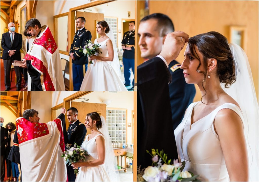 Priest blessing rings over bride and groom in traditional Orthodox wedding ceremony at Holy Trinity Orthodox Church