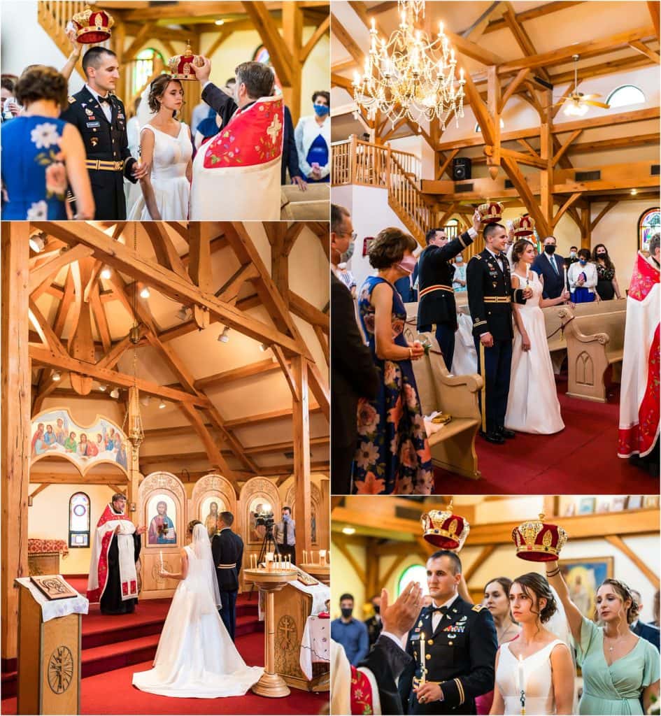 The Crowning of the bride and groom during traditional Orthodox wedding ceremony at Holy Trinity Orthodox Church