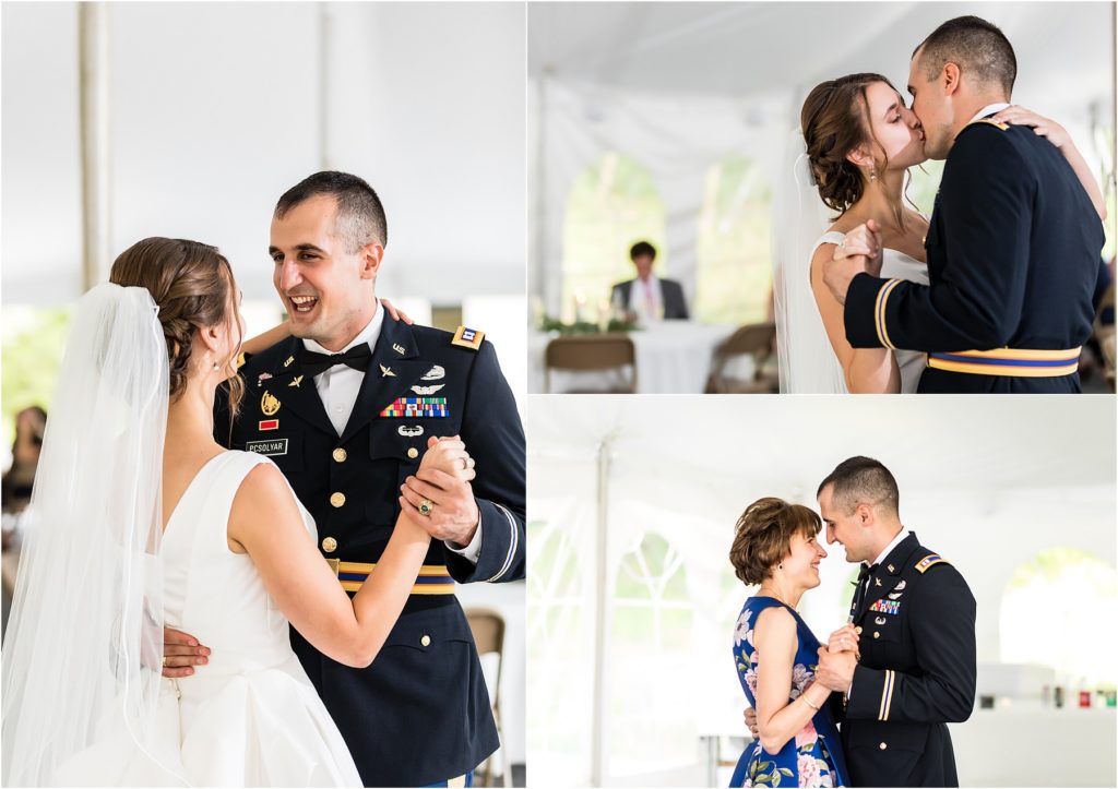 Bride and groom kiss during first dance and mother of the groom dances with son at Mountain Springs Lake Resort wedding reception