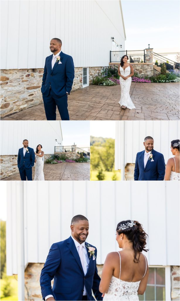 First look between husband and wife at 25th wedding anniversary vow renewal at Barn at Stoneybrooke