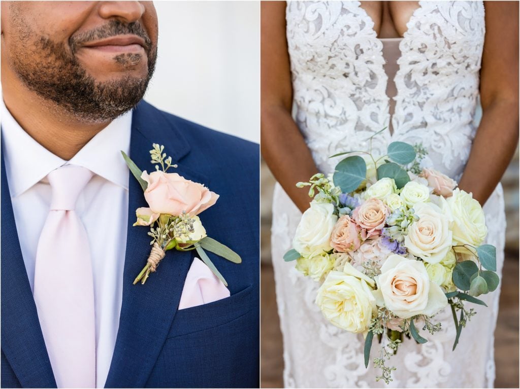 Floral detail collage of pastel rose boutonniere and bouquet at Barn at Stoneybrooke 25th wedding anniversary vow renewal