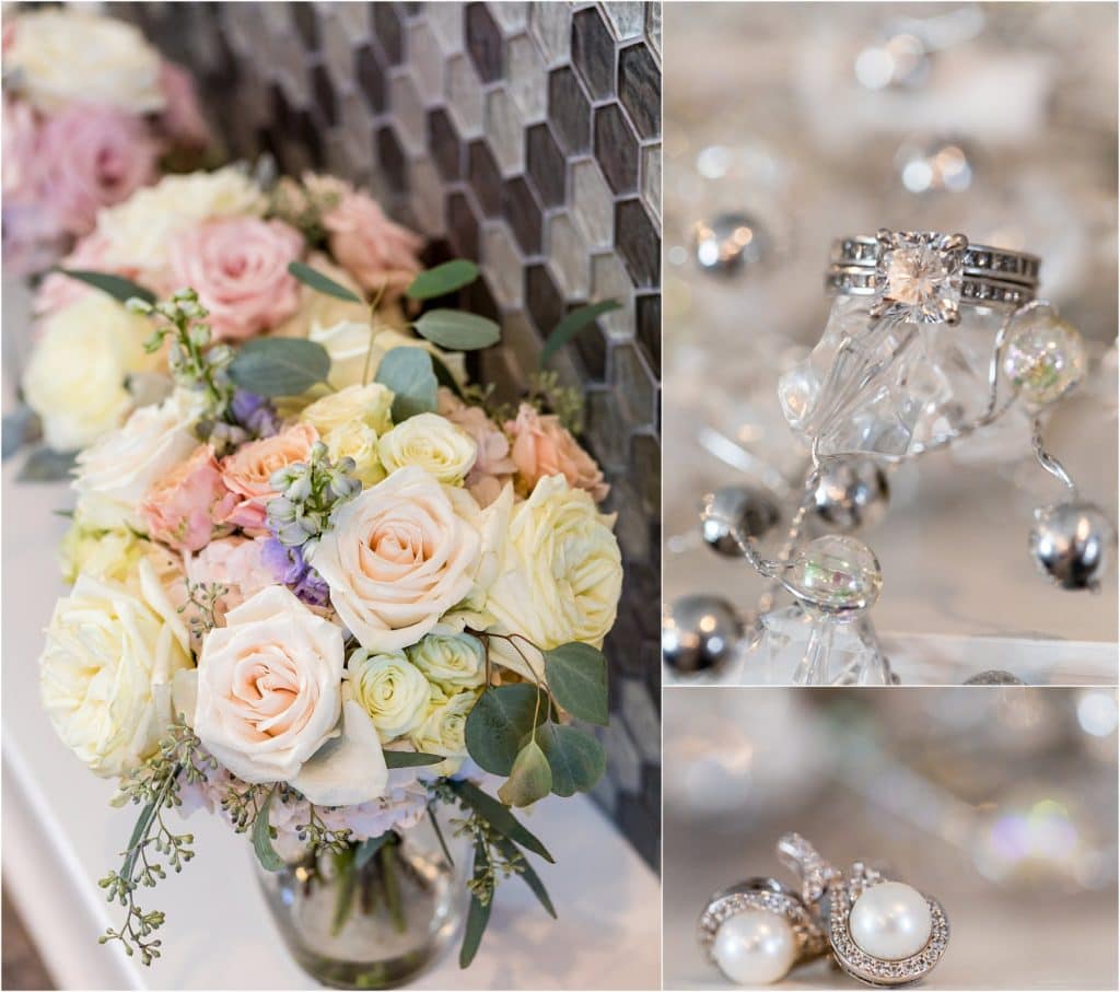 Detail collage of colorful pastel rose bouquets, wedding and engagement rings, and pearl earrings