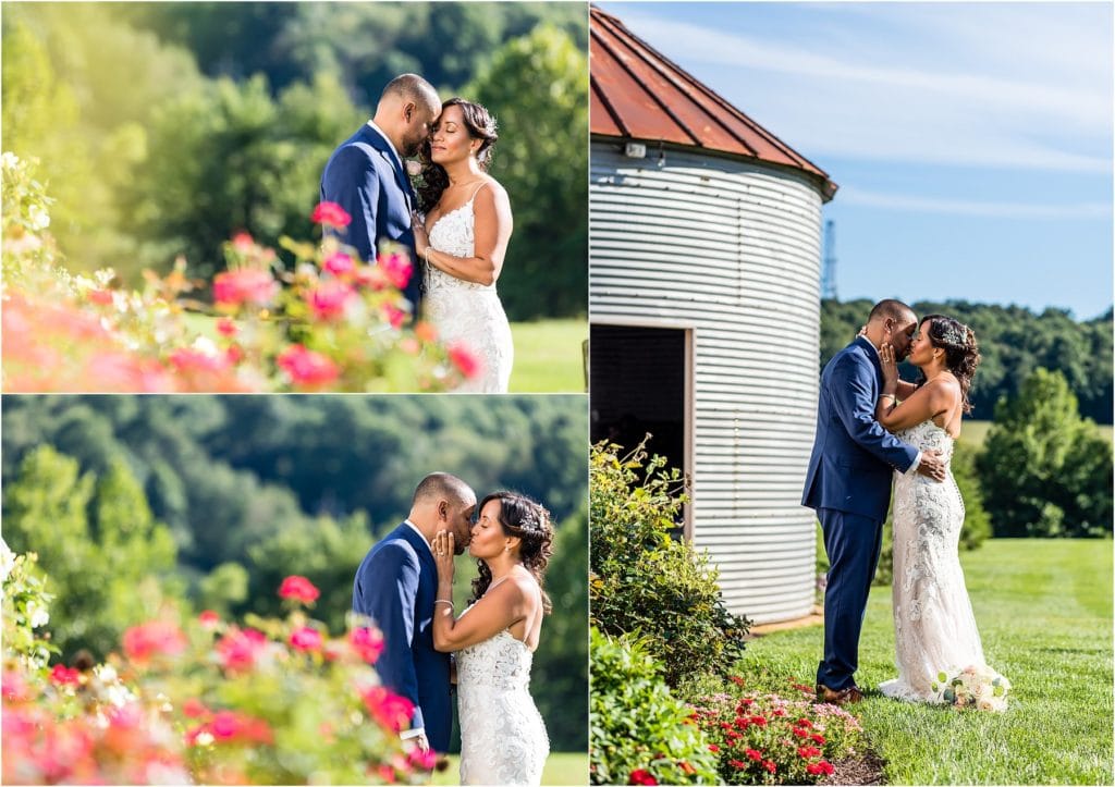 Collage of husband and wife kissing in gardens at Barn at Stoneybrooke vow renewal