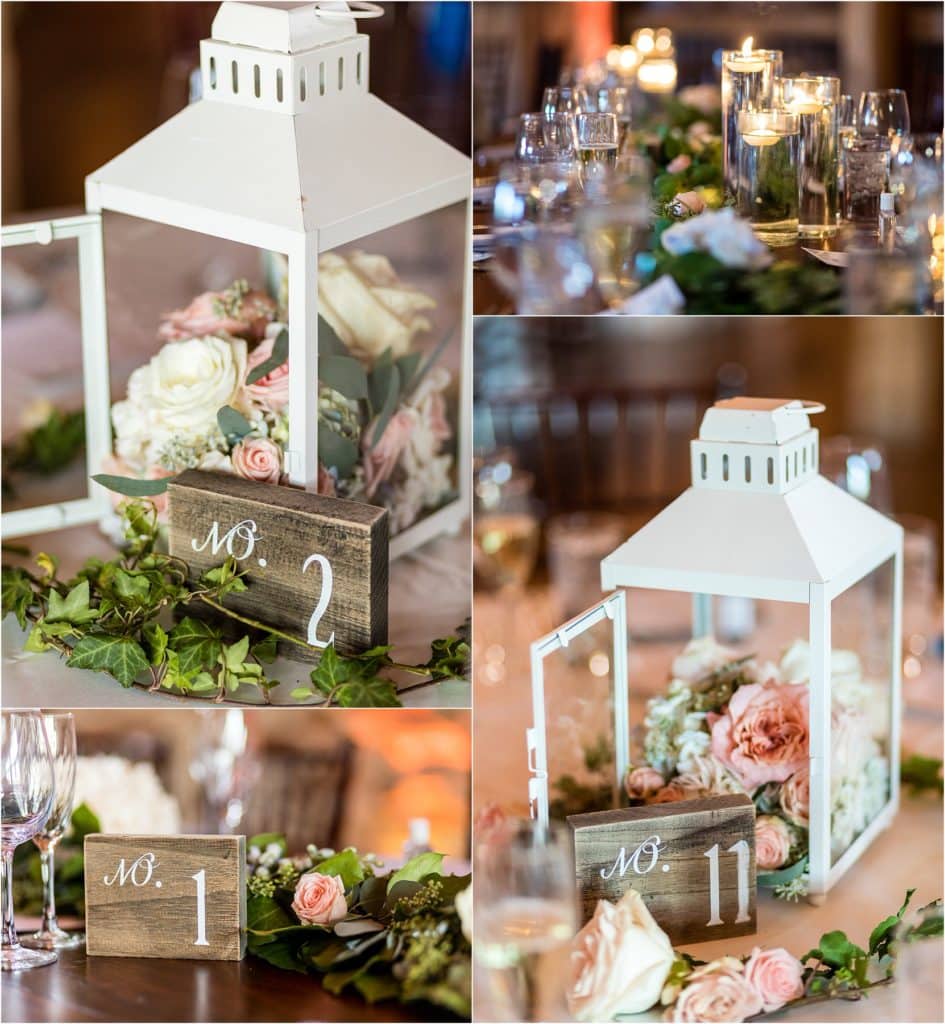 Lantern centerpieces with rose florals and wooden table sign detail collage at Barn at Stoneybrooke 25th wedding anniversary celebration