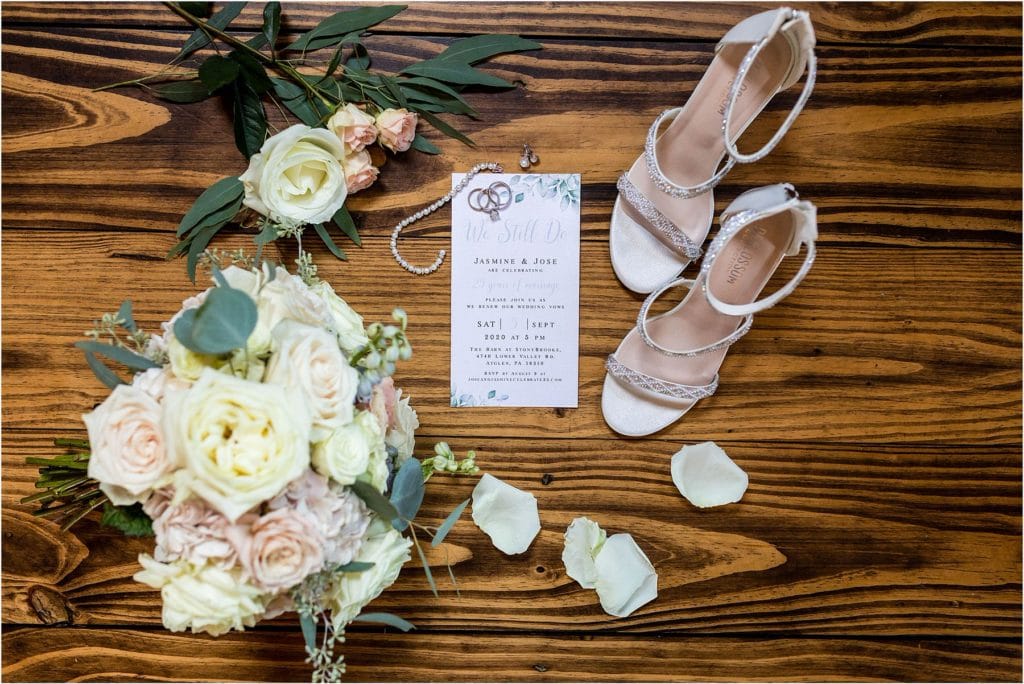 25th wedding anniversary vow renewal invitation with heels, bouquet, and jewelry