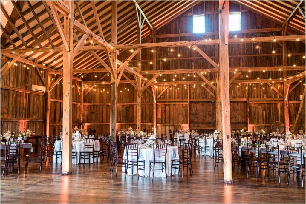 Rustic barn reception for 25th wedding anniversary vow renewal at Barn at Stoneybrooke