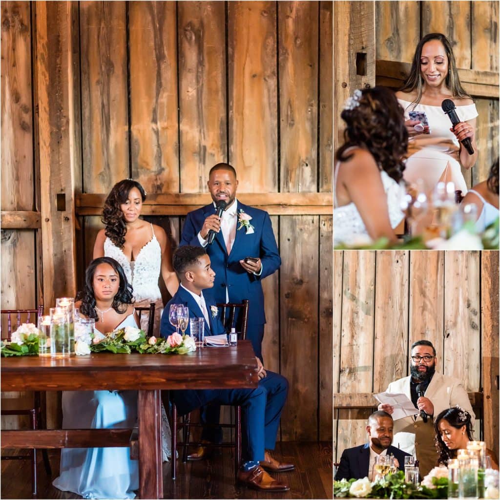 Husband and wife listen to friends and family toasts at 25th wedding anniversary vow renewal reception at Barn at Stoneybrooke