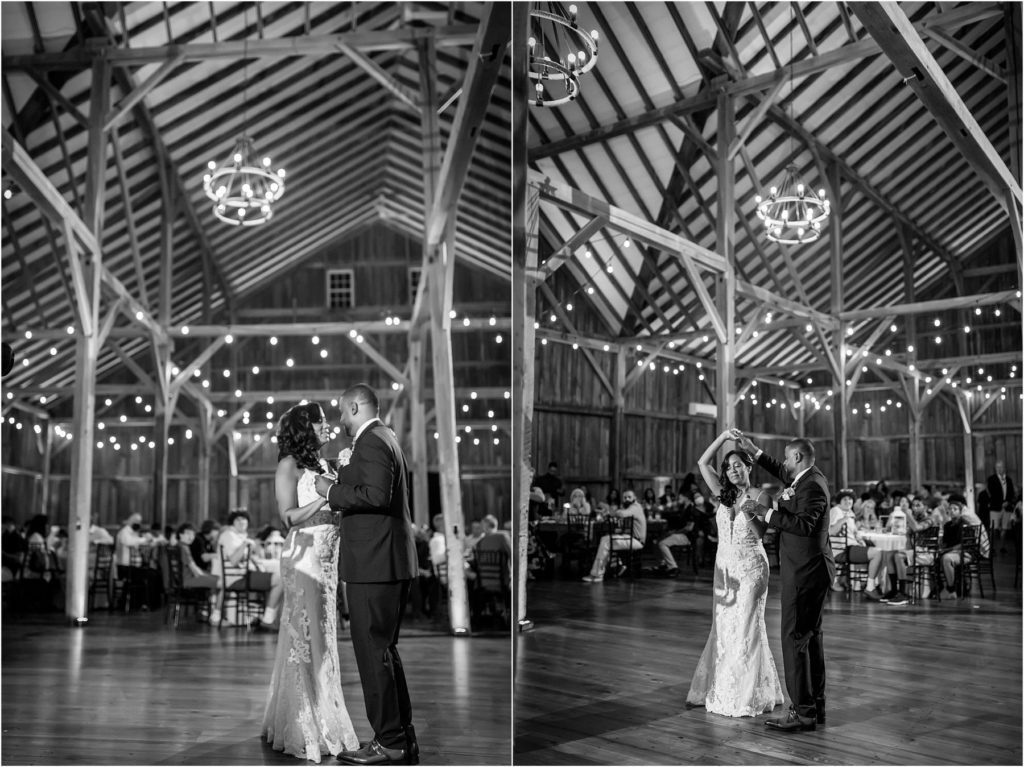 Black and white collage of husband and wife on dance floor at 25th anniversary vow renewal reception at Barn at Stoneybrooke