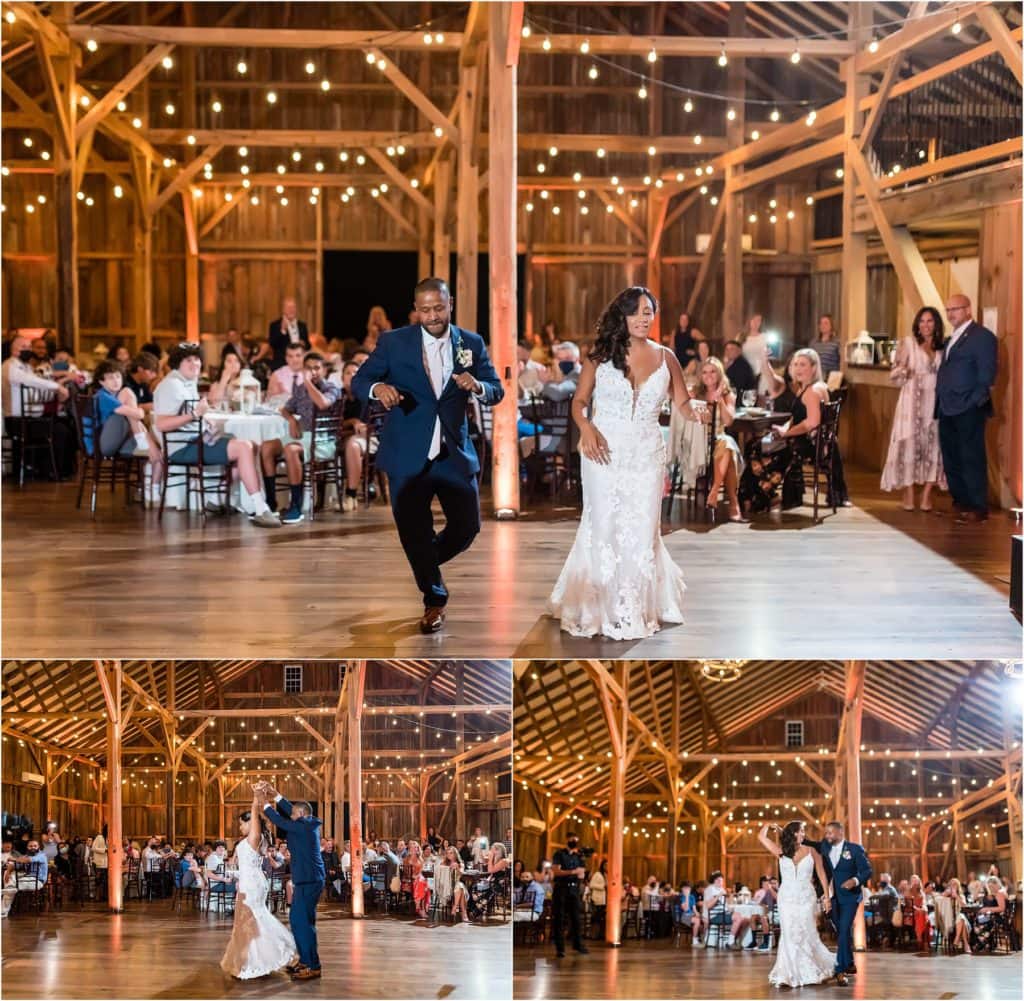 husband and wife perform choreographed dance at vow renewal reception at Barn at Stoneybrooke