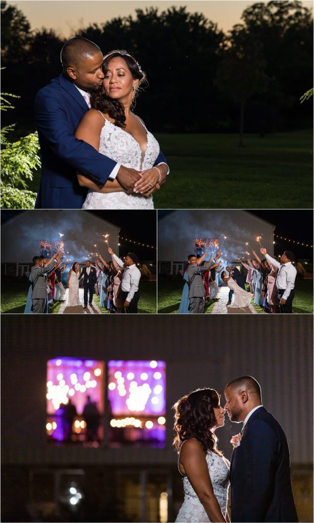 Night portrait collage of husband and wife kissing, walking, and dipping under sparkler sendoff tunnel at Barn At Stoneybrooke vow renewal reception