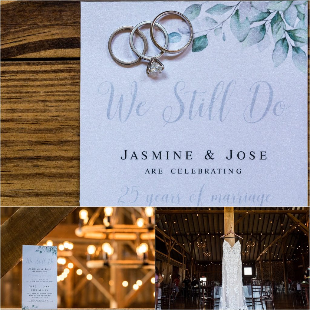 Wedding bands and engagement ring over vow renewal invitation, invitation in front of barn, and lace dress hanging in barn with string lights at Barn at Stoneybrooke 25th wedding anniversary