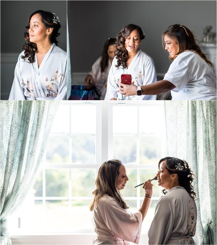 Collage of window lit wife getting hair and makeup done for 25th anniversary vow renewal at Barn at Stoneybrooke
