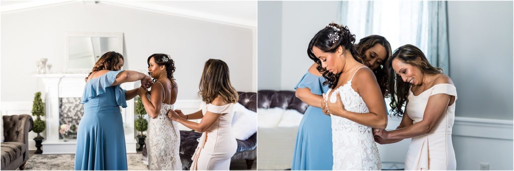 Collage of girls buttoning lace gown for vow renewal at Barn at Stoneybrooke