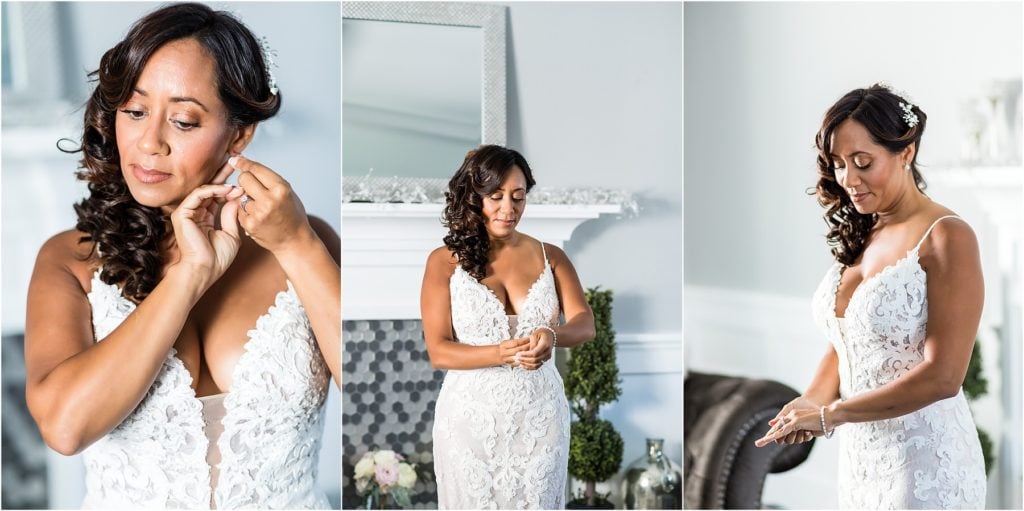 Window lit collage of bride putting on earrings and bracelet for 25th anniversary vow renewal at Barn at Stoneybrooke wedding