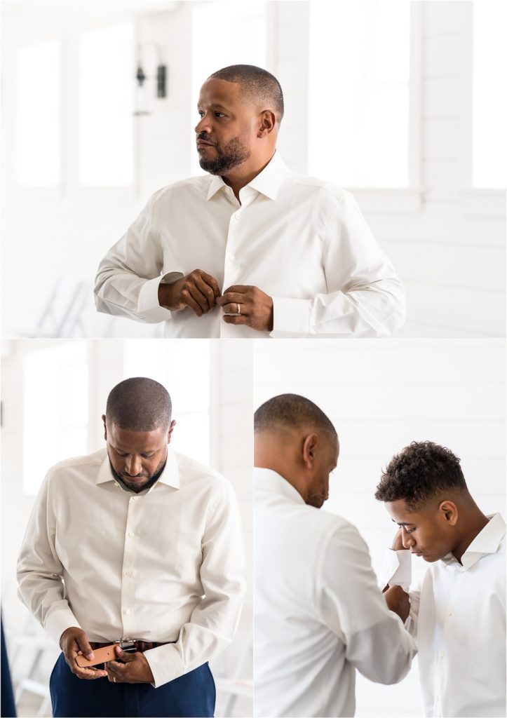 Collage of father and son getting ready for 25th wedding anniversary vow renewal at Barn at Stoneybrooke