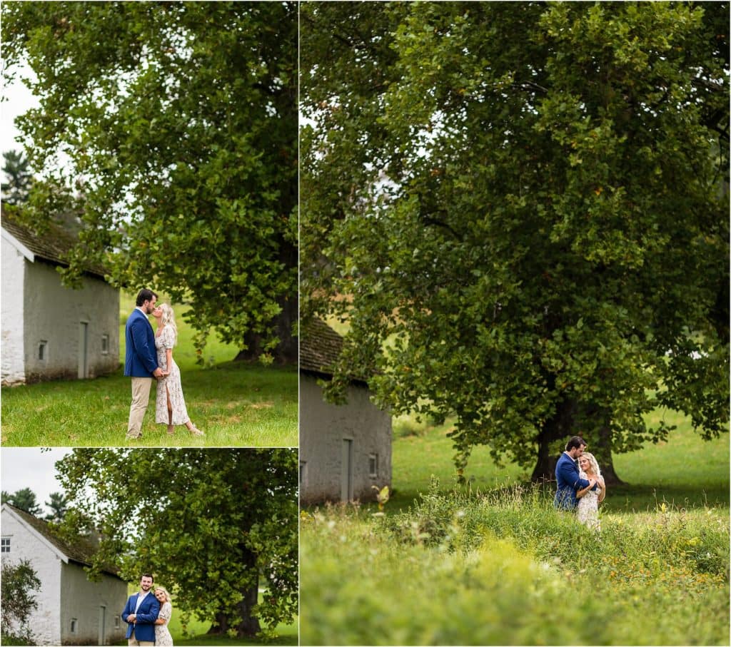 Valley Forge Park engagement session collage with couple kissing and hugging under tree in field