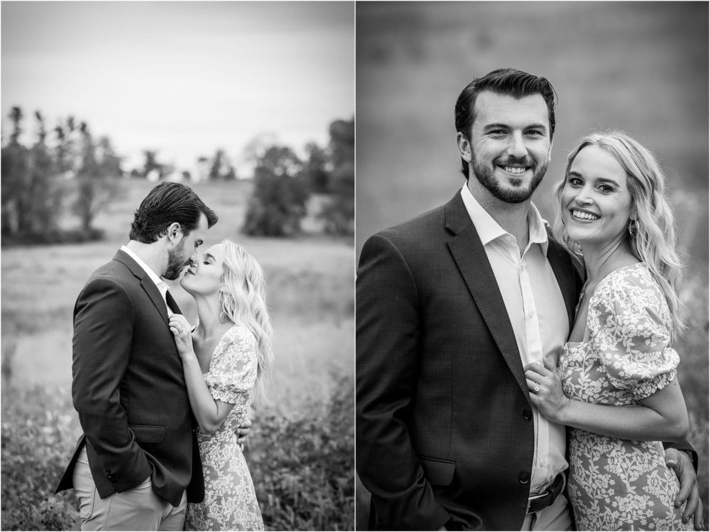 Black and white collage of engaged couple kissing and smiling in field at Valley Forge Park engagement session