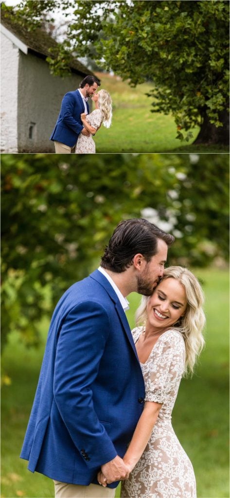 Collage of engaged couple dipping for a kiss and kissing on forehead in Valley Forge Park engagement session