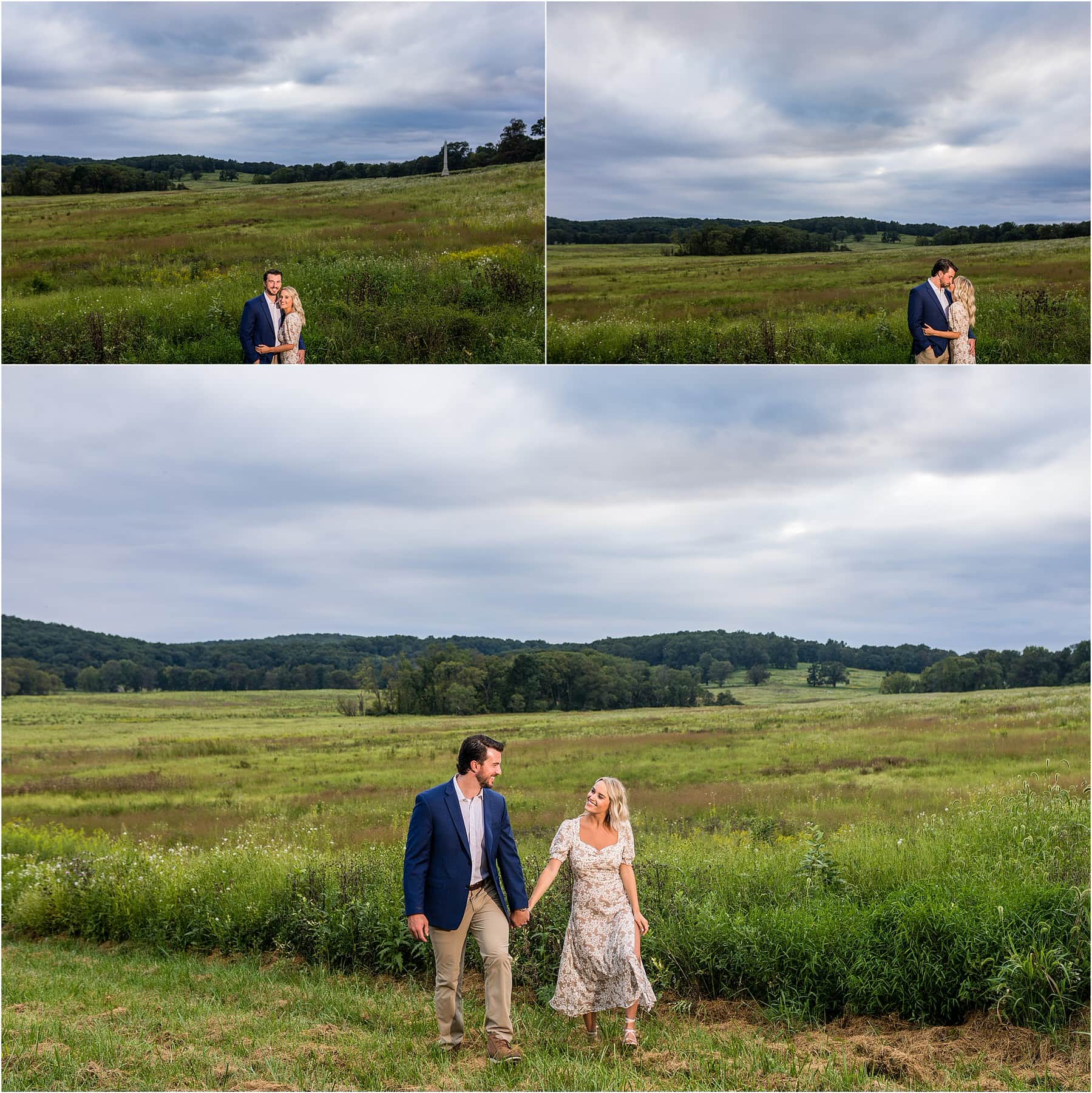 PHL Anchor Valley Forge engagement session collage with engaged couple walking through field and kissing under clouds