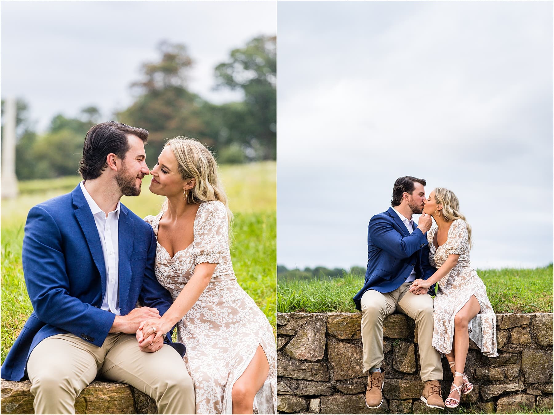 Engaged couple sit and kiss on rock wall at Valley Forge Park engagement session