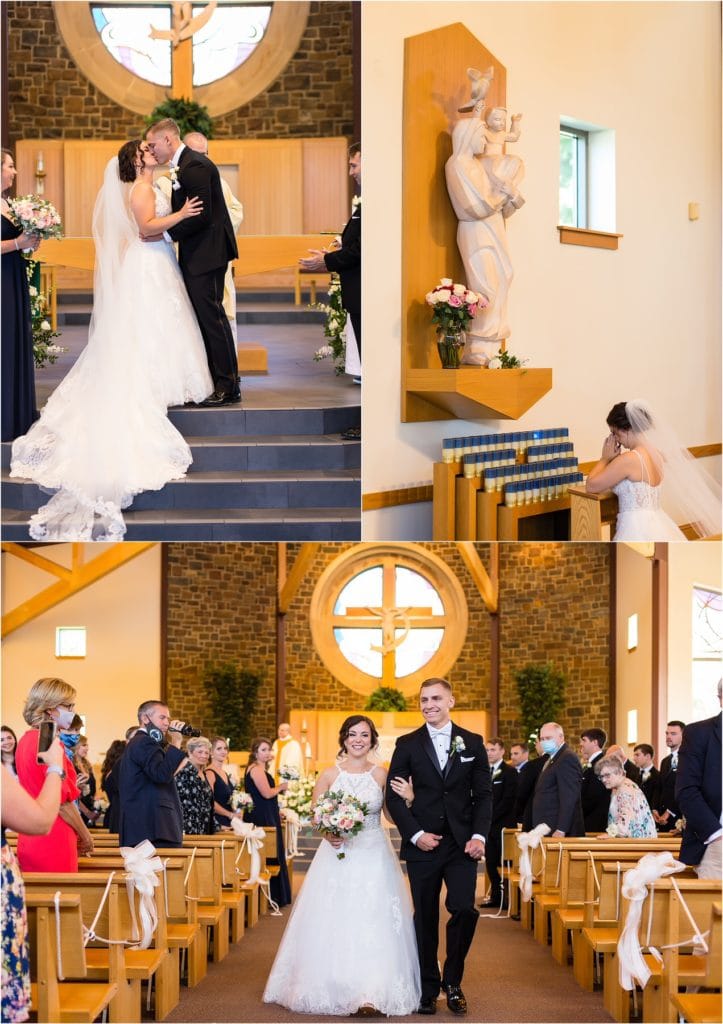 Bride and groom kiss at alter, bride praying, and bride and groom walk up aisle after church wedding ceremony