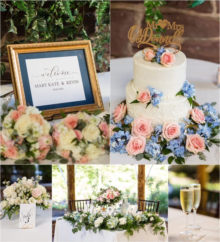 Joseph Ambler Inn intimate wedding reception detail collage with gold framed welcome sign, wedding cake with real rose and blue florals, white floral centerpieces, sweetheart table, and engraved champagne glasses