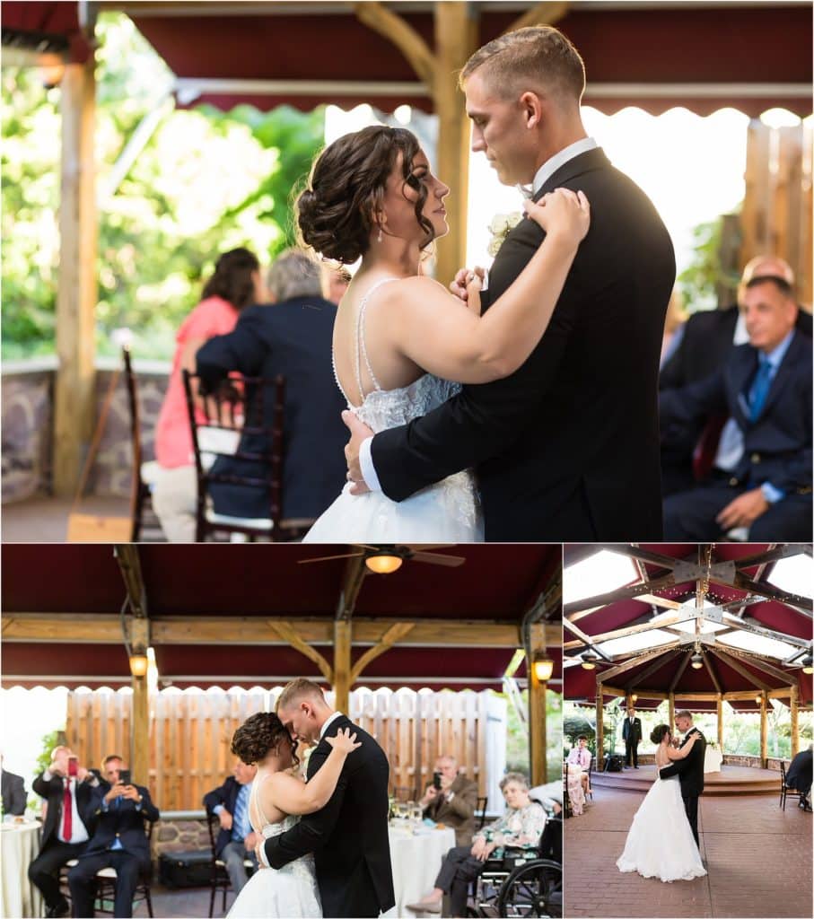 Bride and groom first dance collage at Joseph Ambler Inn intimate wedding