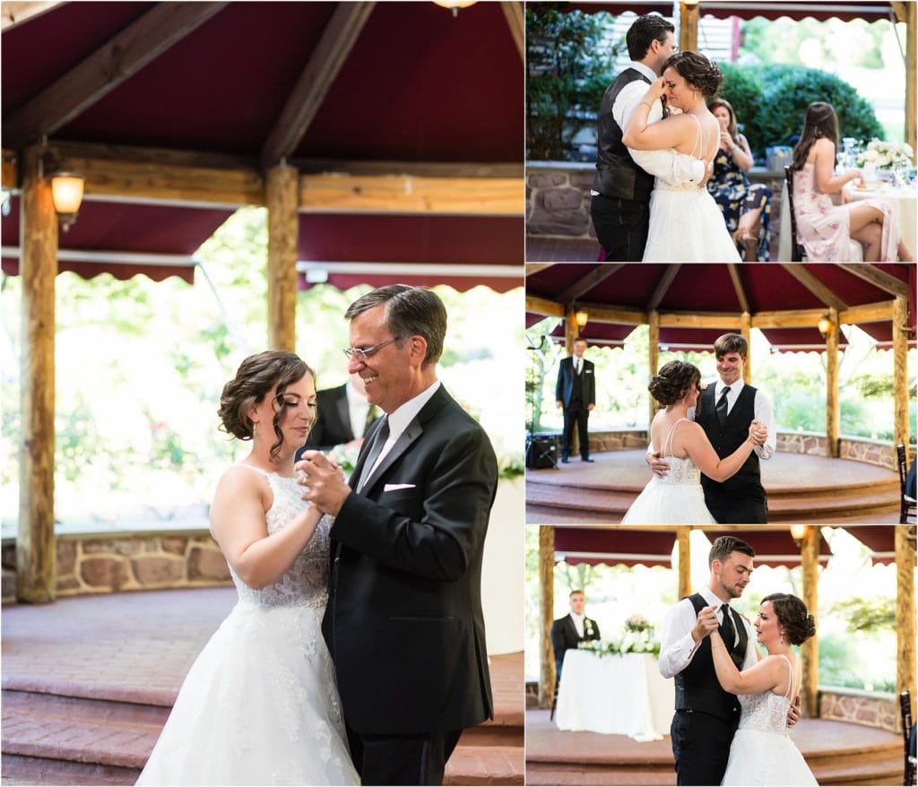 Bride dancing with family members at Joseph Ambler Inn intimate wedding reception collage