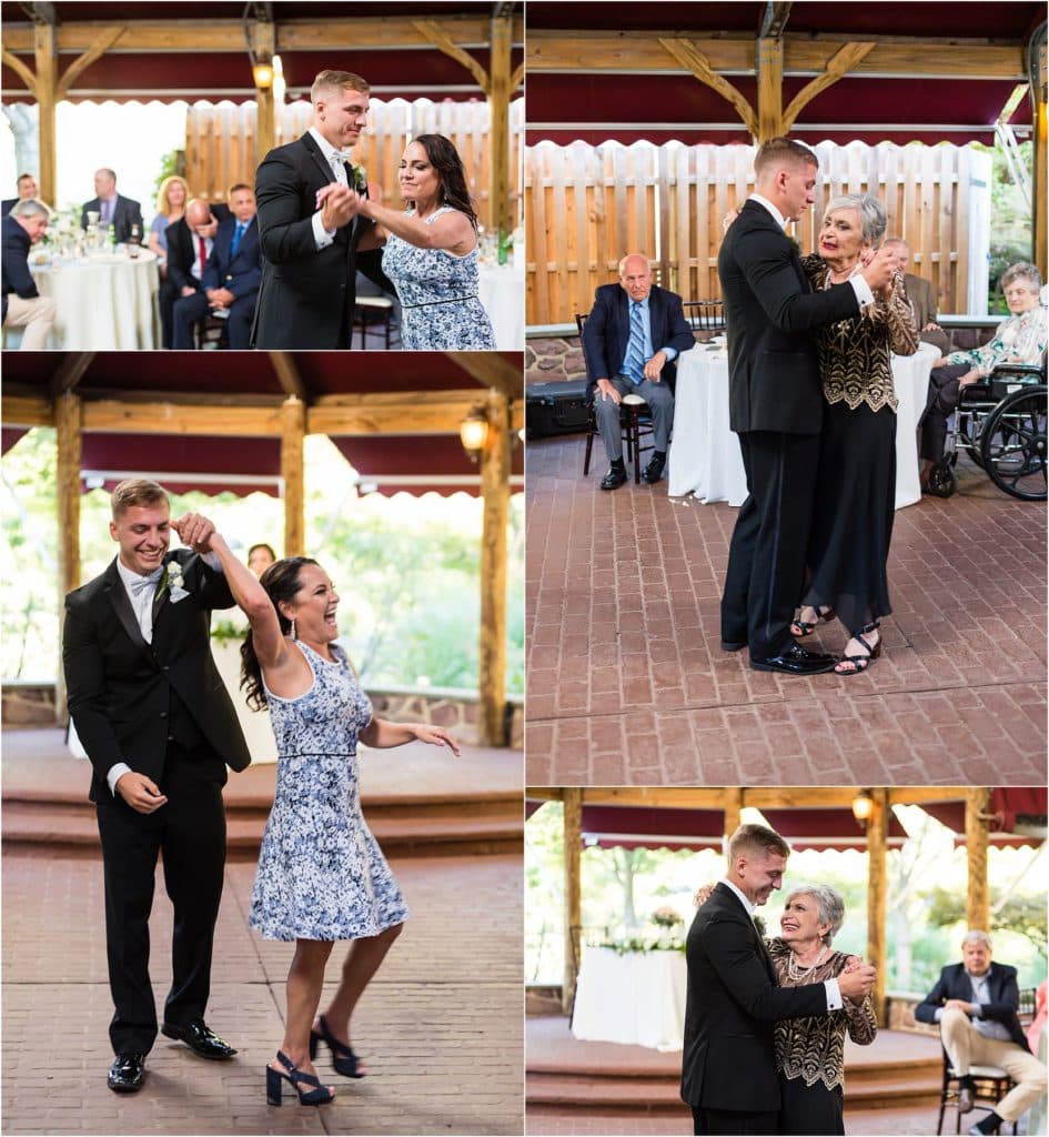 Groom dances with mother and grandmother at Joseph Ambler Inn intimate wedding reception