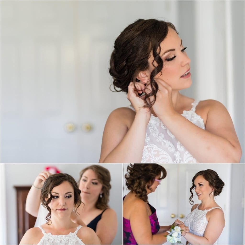 Collage of bride putting on earrings, getting veil pinned, and putting on bracelet