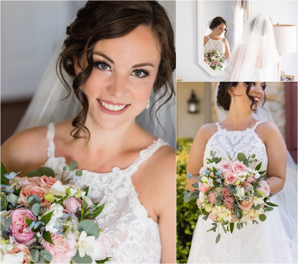 Bridal portrait collage with bride holding white and pink rose bouquet and looking in mirror