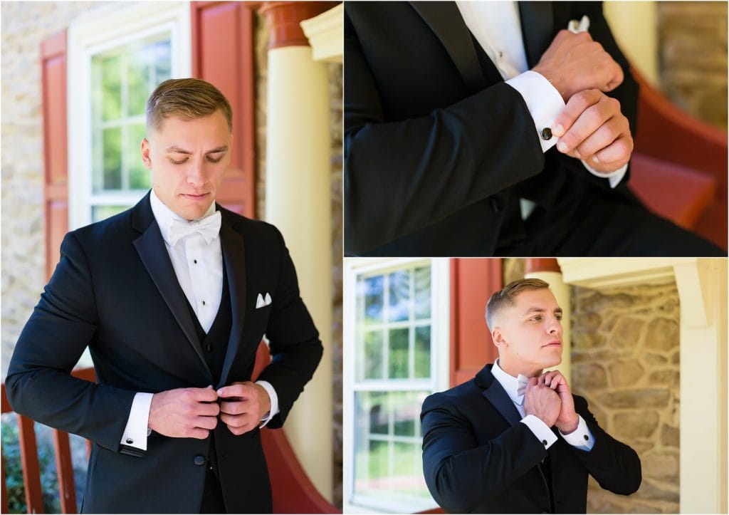 Groom buttoning jacket and cufflinks and straightening bowtie portrait collage