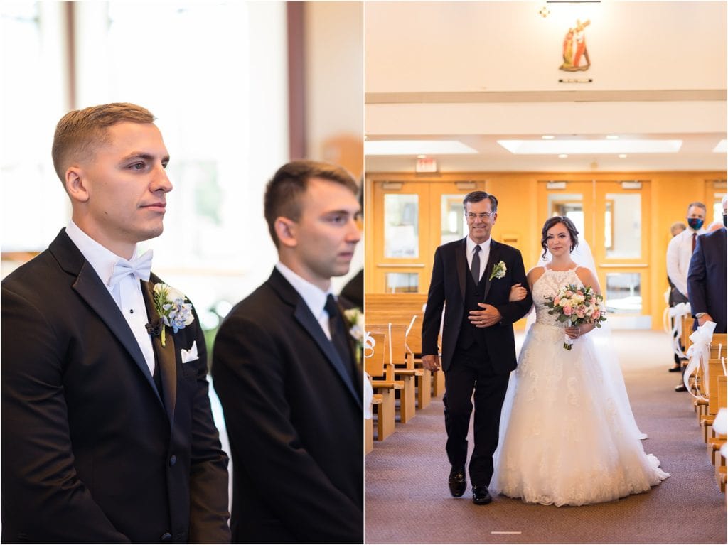 Groom at alter watching as father of the bride walks her down the aisle in church wedding ceremony