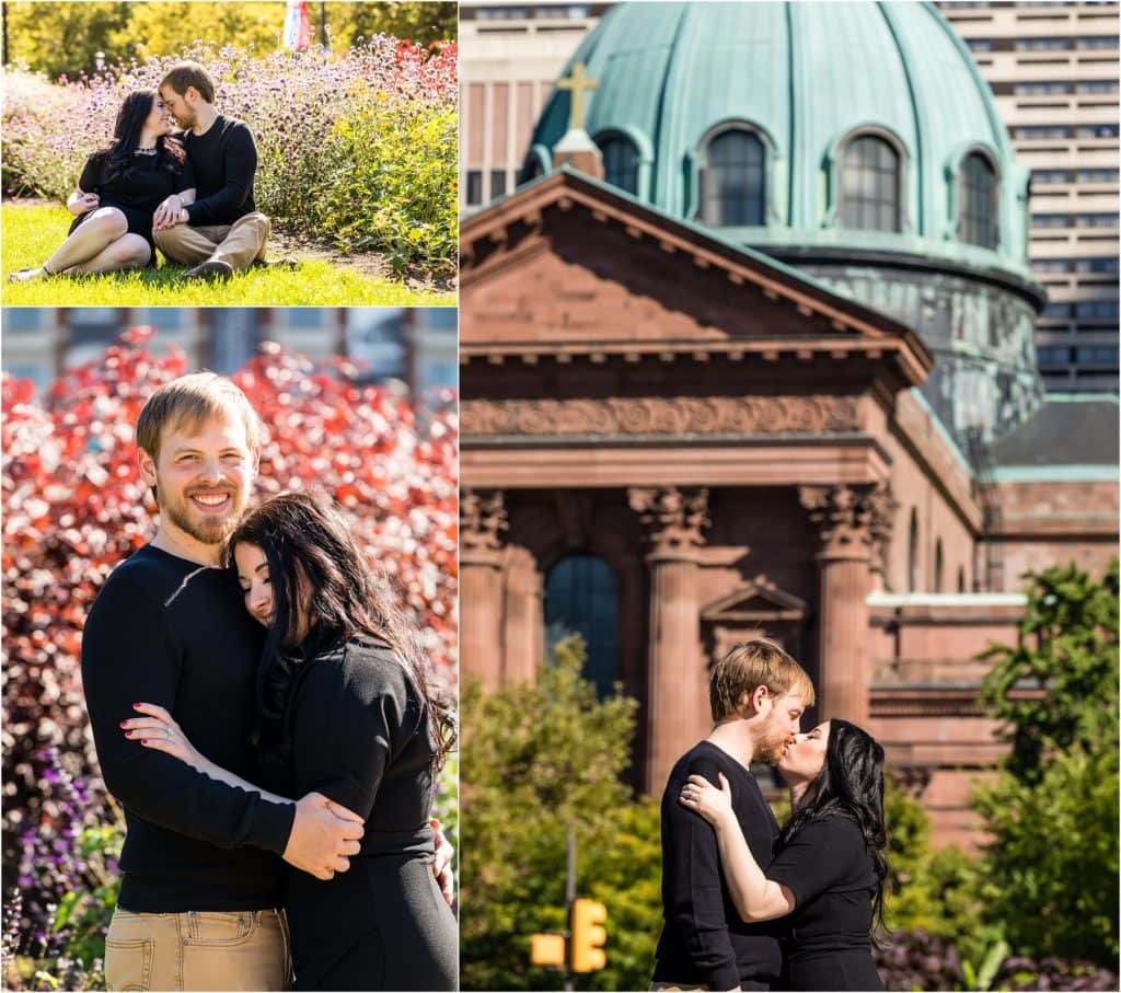 Center City engagement session collage with couple sitting in park, hugging in garden, and kissing in front of church
