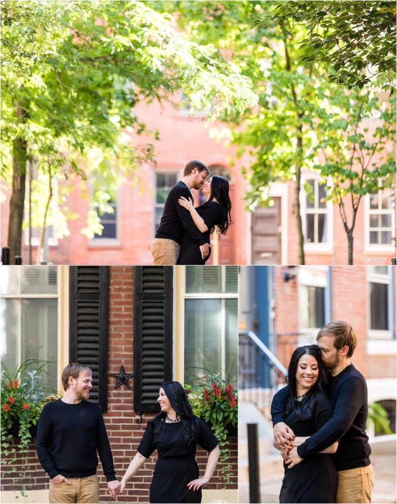 Center City Philadelphia engagement session collage of couple kissing under trees and holding hands