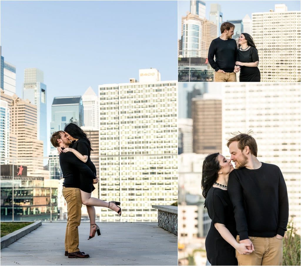 Center City Philadelphia Circa Green engagement session portrait collage of man lifting fiancé and kissing her