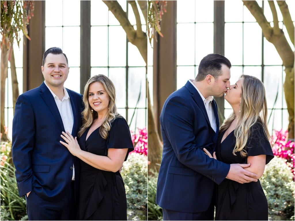 Traditional engagement session portrait collage with couple kissing in greenhouse at Longwood Gardens