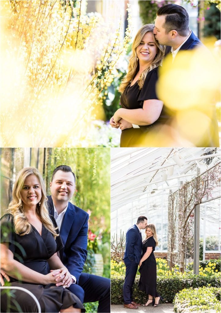 Couple kissing shot through leaves, sitting on bench, and forehead kisses in Longwood Gardens greenhouse engagement session